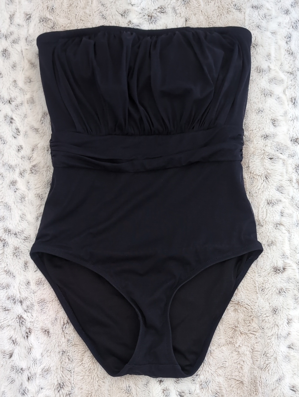 J. Crew Navy Ruched Bandeau One-Piece Swimsuit.